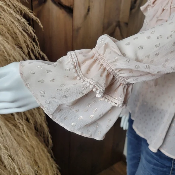 NWT Romantic Ruffled V-neck Rose Gold Polka Dot Blouse - Picture 9 of 16